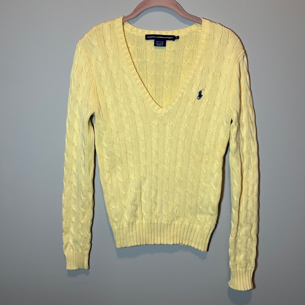 Ralph Lauren Sport Womens Yellow Cable Knit V-Neck Cotton Sweater Size M - Picture 1 of 10